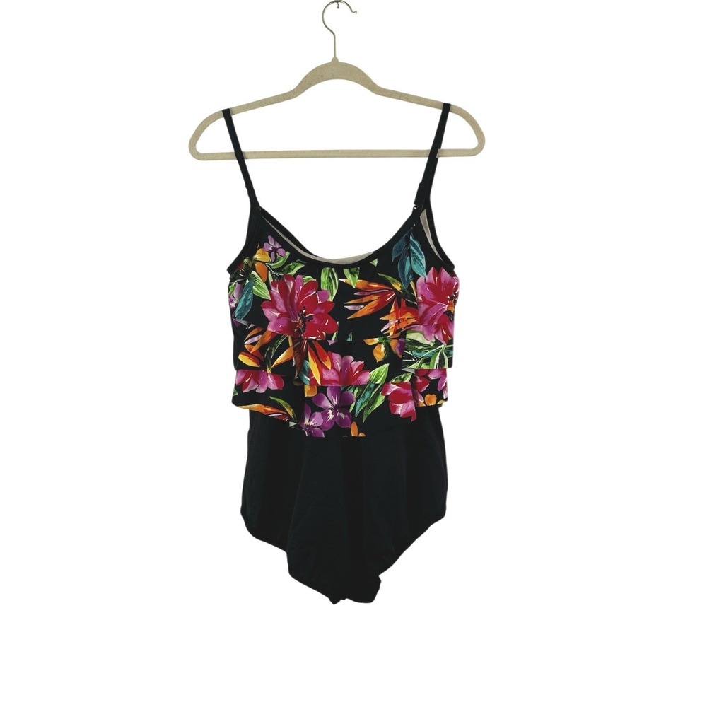 Le Cove One Piece Swimsuit Womens 16 Vintage Black Floral Beach Pool Tropical